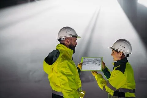 Engineers discussing construction plans using a tablet on site. Stock Photos