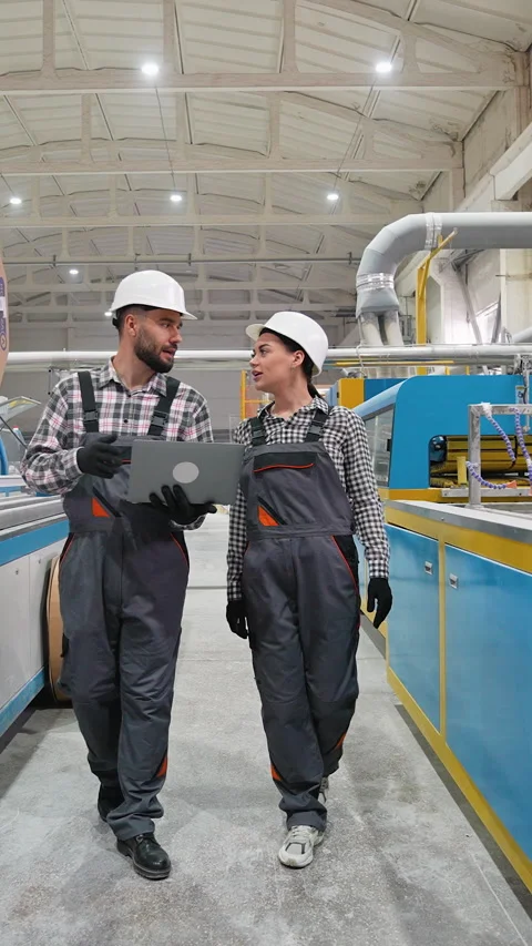 Engineers discussing production process in modern factory Stock Footage 314584707