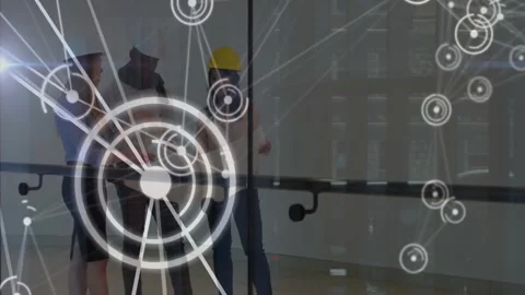 Engineers discussing project over network connections and data processing Stock Footage 331019629