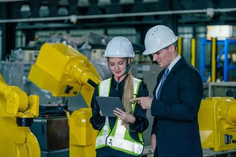 Engineers discussing robotics technology in modern manufacturing facility d.. Stock Photos
