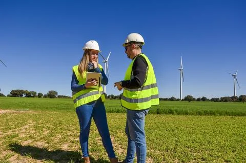 Engineers discussing using tablet next to wind turbines in green field Foto stock