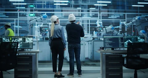 Engineers Discussing Work in Robotics Factory Video stock 319830452