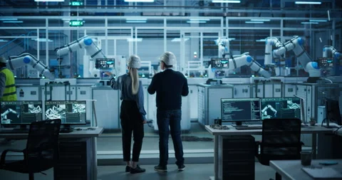 Engineers Discussing Work in Robotics Factory Video stock 319830555