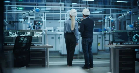 Engineers Discussing Work in Robotics Factory Video stock 319830632
