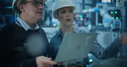 Engineers Discussing Work in Robotics Factory Stock Footage 319830812
