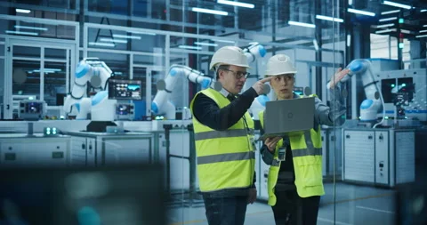 Engineers Discussing Work in Robotics Factory Stock Footage 319831137