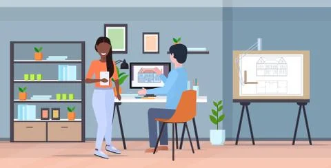 Engineers drafting house project blueprint on computer monitor with mix race Illustrazione stock