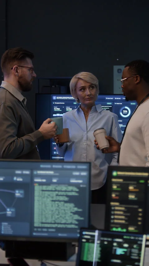 Engineers Drinking Coffee and Talking in Cybersecurity Office with Computers Stock Footage 334936830
