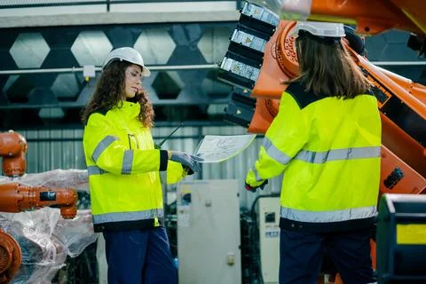 Engineers examine project plans while overseeing robotic assembly in a manu.. Stock Photos