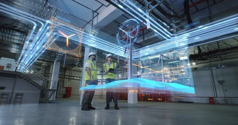 Engineers examining wind farm scheme on factory Stock Footage 147527618