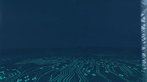 Engineers exploring tech architecture, blending glowing green circuit board and Stock Footage 308602958