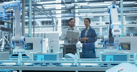 Engineers at Factory Assembly Line Video stock 260704637