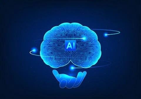 Engineer's hand holds a brain with electrical circuits and an AI chip in th.. Illustrazione stock