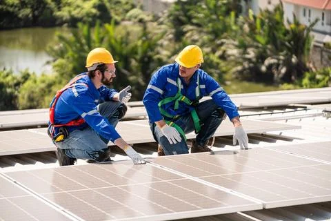 Engineers in helmets installing solar panel Stock Photos