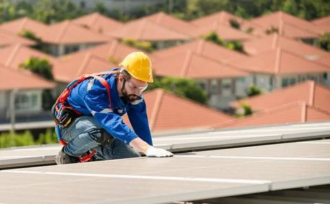 Engineers in helmets installing solar panel Stock Photos
