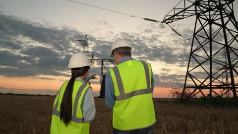 Engineers in helmets with laptop walk across field to power transmission lines Stock Footage 270801436