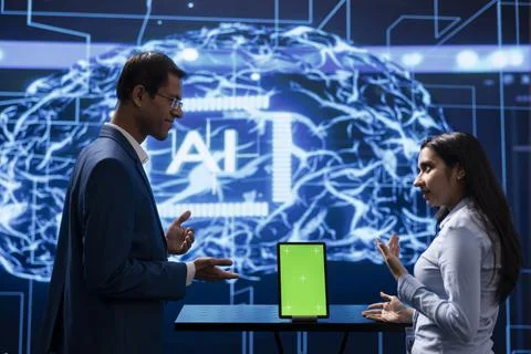 Engineers in high tech facility use AI machine learning on mockup tablet Stock Photos