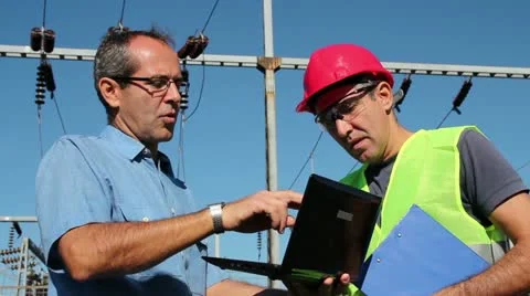Engineers at High Voltage Substaion Stock Footage 12366537