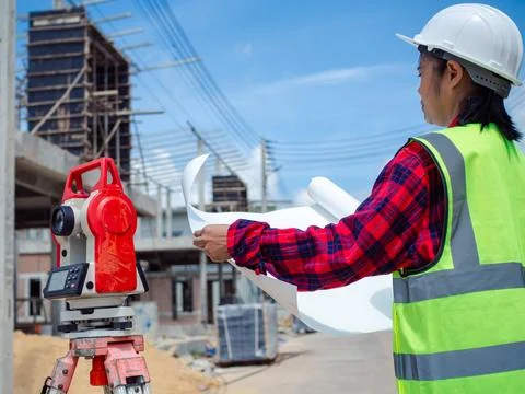 Engineers holding blueprint project working outdoors building side with blu.. Stock Photos