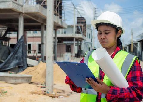 Engineers holding blueprint project working outdoors building side with blu.. Stock Photos