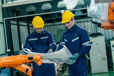 Engineers inspect blueprints while working near robotic arms in a modern ma.. Stock Photos