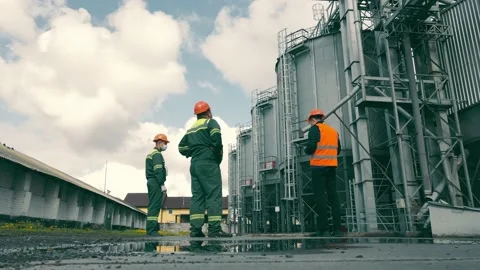 Engineers inspecting grain storage elevators. Three professional employees of Stock Footage 156598758