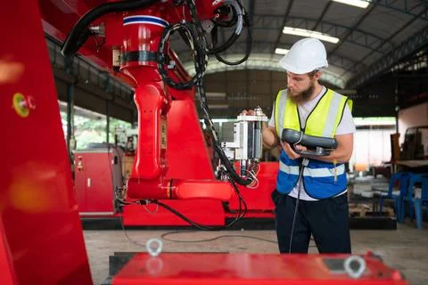 An engineers installing and testing a large robotic arm. before sending it... 写真素材