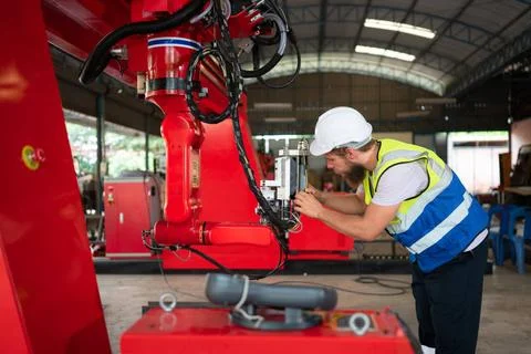 An engineers installing and testing a large robotic arm. before sending it... Foto stock