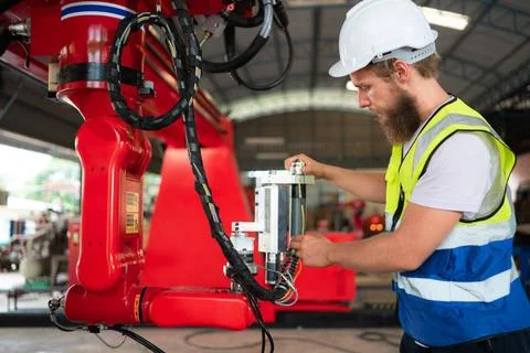 An engineers installing and testing a large robotic arm. before sending it... 写真素材