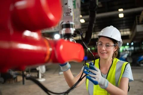 An engineers installing and testing a large robotic arm. before sending it... 写真素材