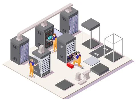Engineers installing servers in data center, vector isometric illustration Stock Illustration