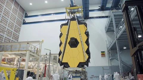 Engineers lifts Webb Telescope by overhead Crane at NASA GSFC - 2017 Stock Footage 112138042