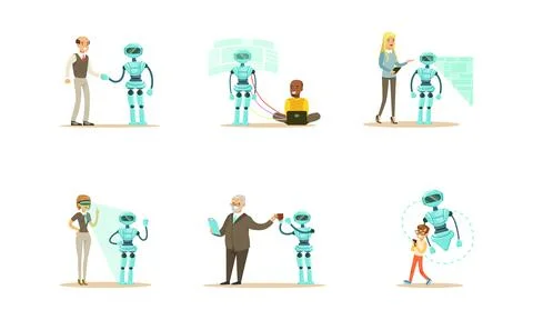 Engineers Making and Programming Robots Set, Robot Designing and Repairing Stock Illustration