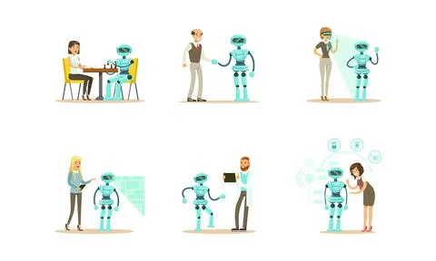 Engineers Making, Programming and Designing Robots Set, Artificial Intelligence イラスト素材