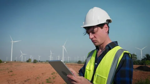 Engineers men working at wind turbine farm. Video stock 228993300