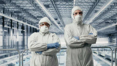 Engineers in microchip smart factory brainstorming, analyzing infrastructure Stock Footage 333387637