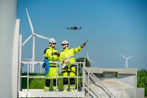 Engineers operate drone for inspection at a wind farm under clear blue sky .. Stock Photos
