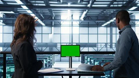 Engineers overseeing server room with mockup device, reading documentation Stock Photos