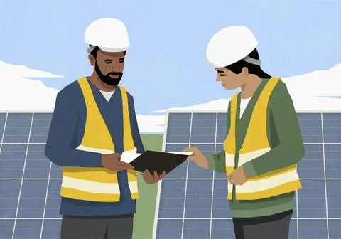 Engineers with paperwork talking next to solar panels Ilustração Stock