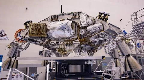 Engineers perform mass properties testing on the rocket-powered descent st... Stock Photos