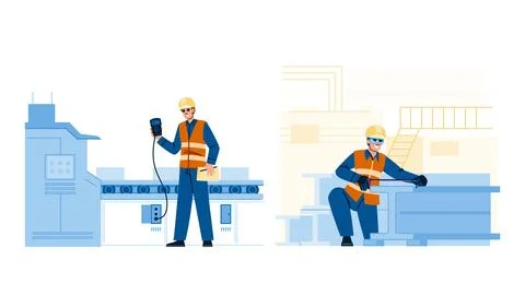 Engineers performing quality control and industrial measurement tasks Stock Illustration