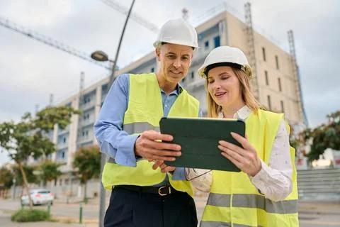 Engineers planning construction project using digital tablet Stock Photos