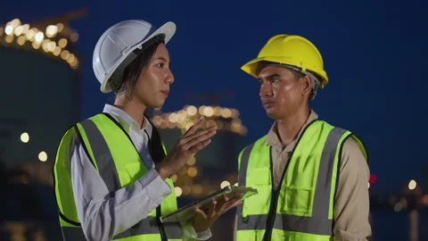 Engineers planning project at night industrial site Stock Footage 293298505