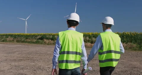 Engineers point at rotating wind turbines in sunflower field Video stock 164364700