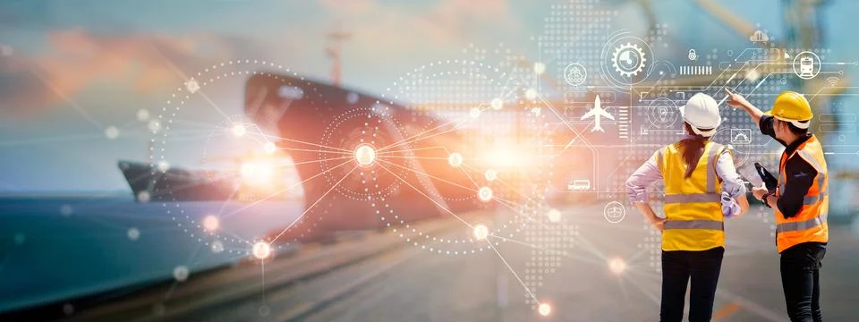 Engineers pointing virtual interface of global logistics network distribution 스톡 사진