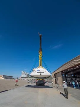Engineers prepare to test the parachute system for NASAs Orion Stock Photos