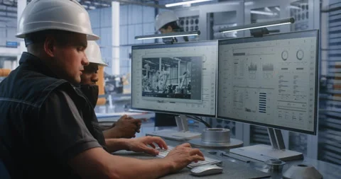 Engineers Programming Robotic Production Line and Managing Automated Stock-Footage 344386289
