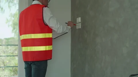 Engineers recheck power line systems for new house. Inspector use tooling r.. Stock Footage 236613109