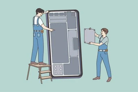 Engineers repair cellphone install software on modern device. Male employees fix Stock Illustration