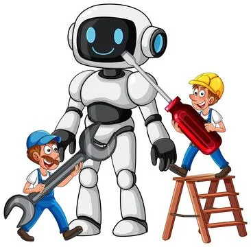 Engineers Repairing Friendly Robot with Oversized Tools 库存插图